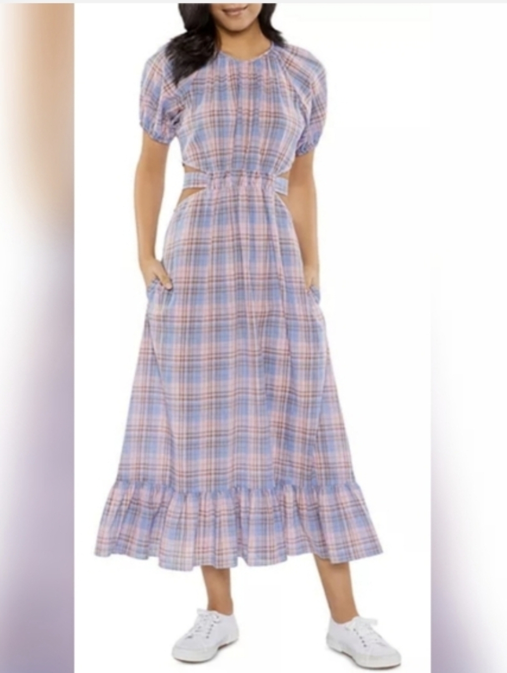 Likely Payson Side Cutout Plaid Cottagecore Tiered Ruffle Hem Dress